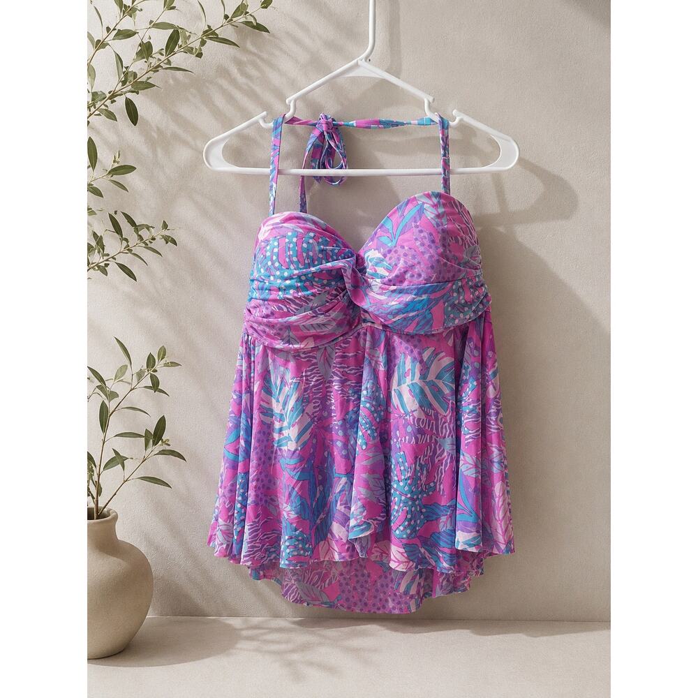 3X Pink Tropical Swim Dress One Piece Halter Swimsuit